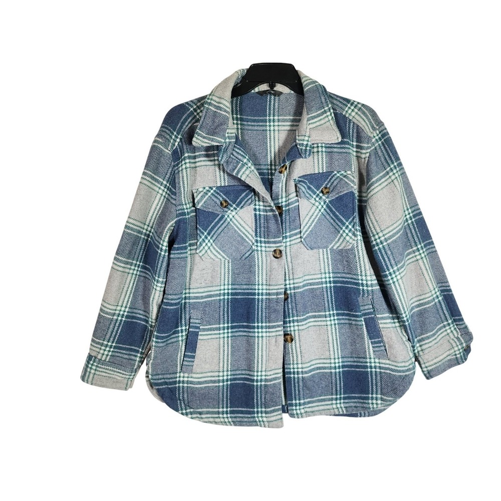 Plaid Shacket L Blue Green Wool Blend Overshirt Jacket Casual Coastal Cabin Soft